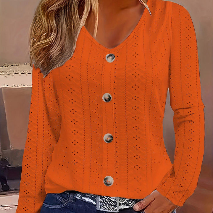 Eyelet Solid Blouse, Casual Button Front V Neck Long Sleeve Blouse, Women's Clothing-Bennys Beauty World