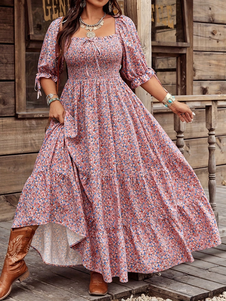 Floral Print Square Neck Lantern Sleeve Dress