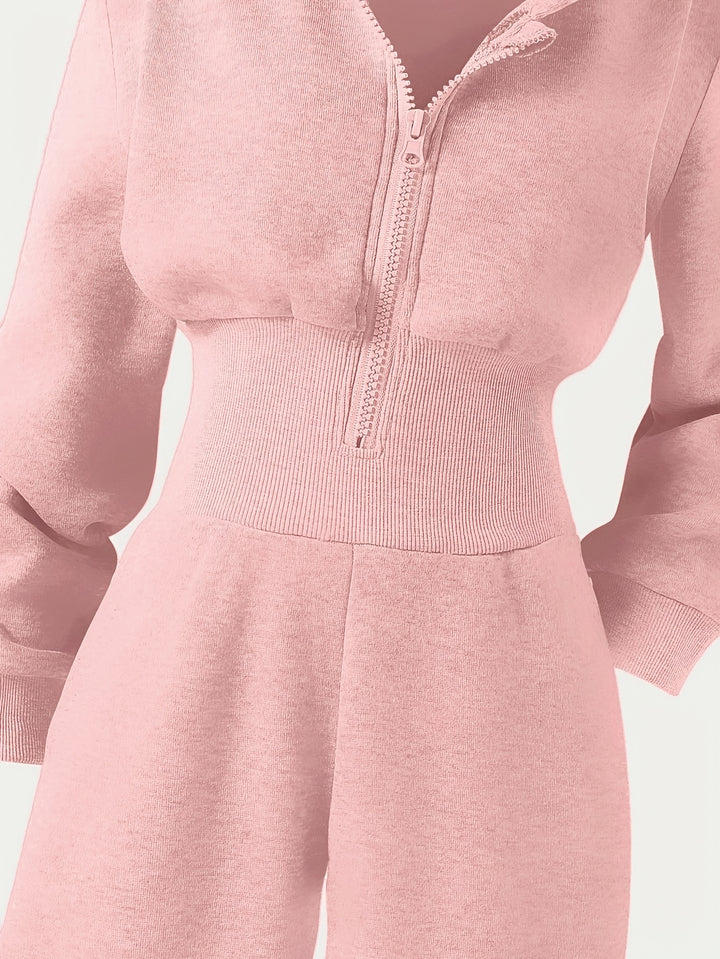 Autumn Girls' Simple Casual Style Knitted Zipper Sweatshirt Hooded Jumpsuit, Perfect for Outdoor