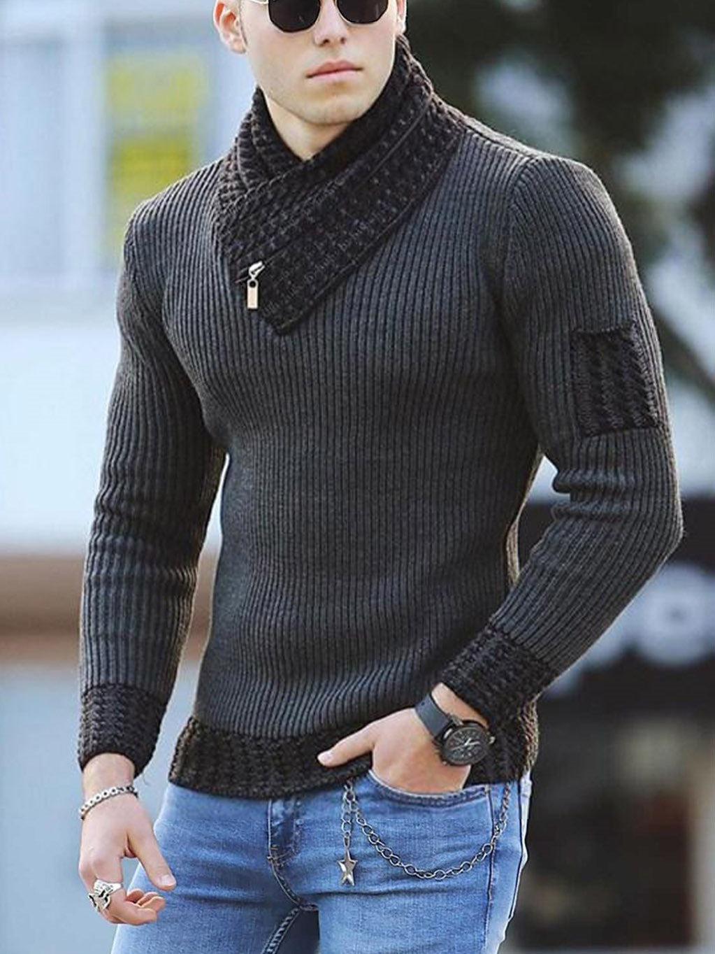 Men's Casual Slim Knit Pullover Long-sleeved Scarf Collar Sweater-Shirts-Bennys Beauty World