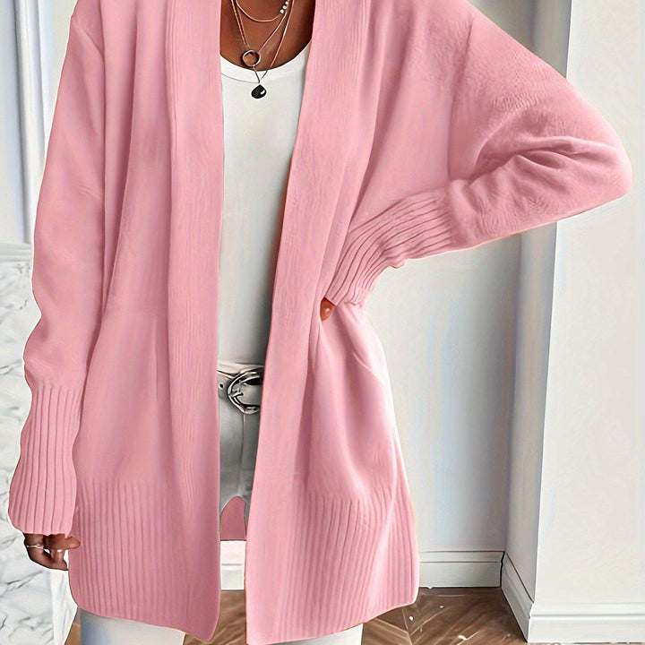 Solid Open Front Knit Cardigan, Casual Long Sleeve Loose Sweater With Pocket, Women's Clothing-Bennys Beauty World