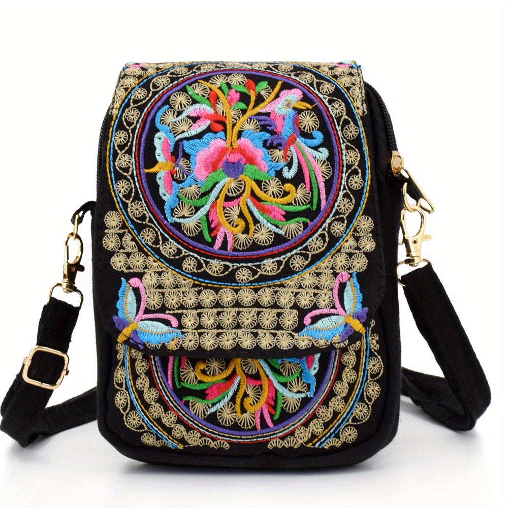 Women's Embroidered Mini Shoulder Bag with Detachable Strap