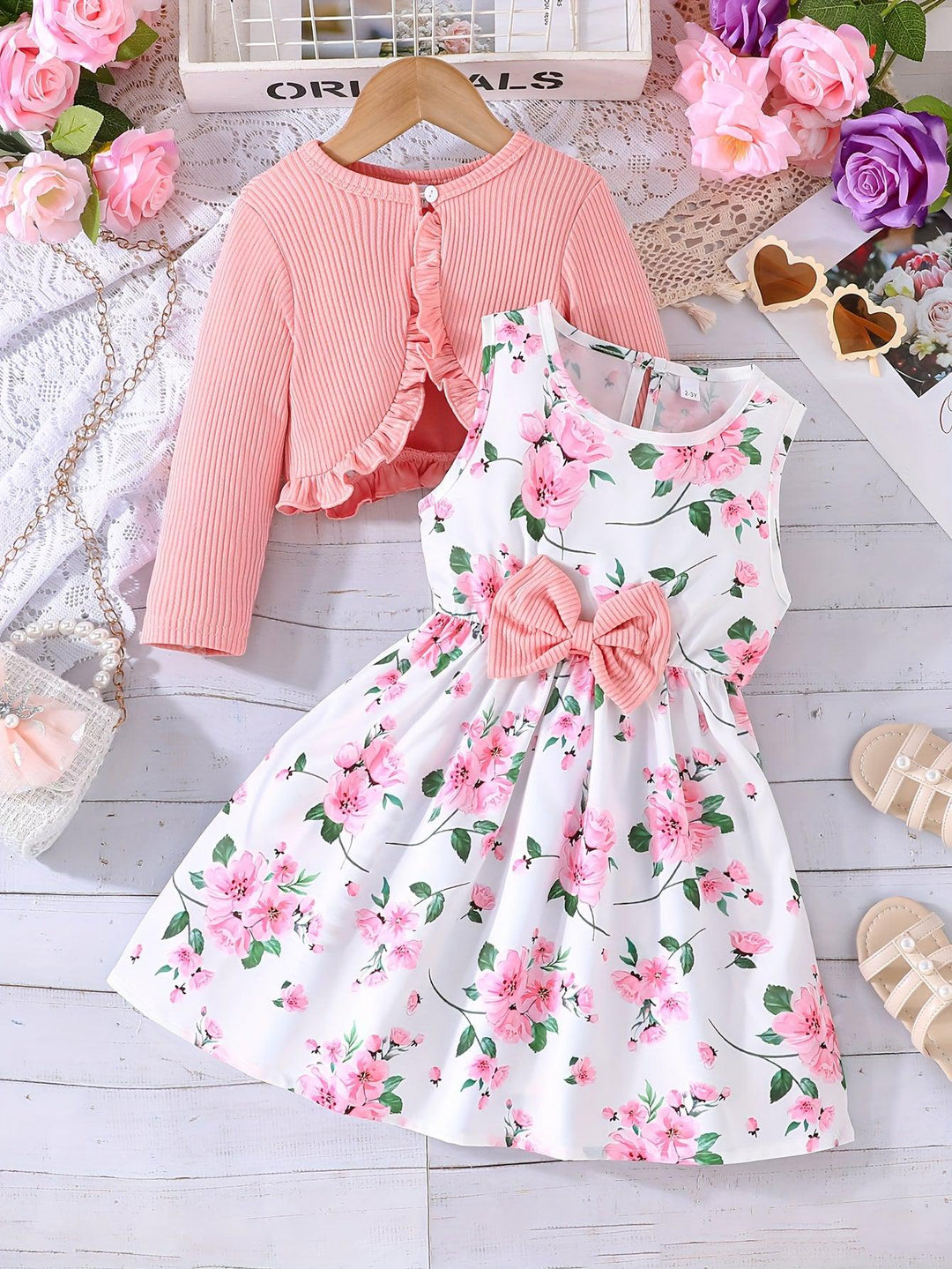 1 set 2pcs Elegant Floral Sleeveless Dress & Long Sleeve Cardigan Set for Girls, Spring/Fall Fashion & Comfort-Bennys Beauty World