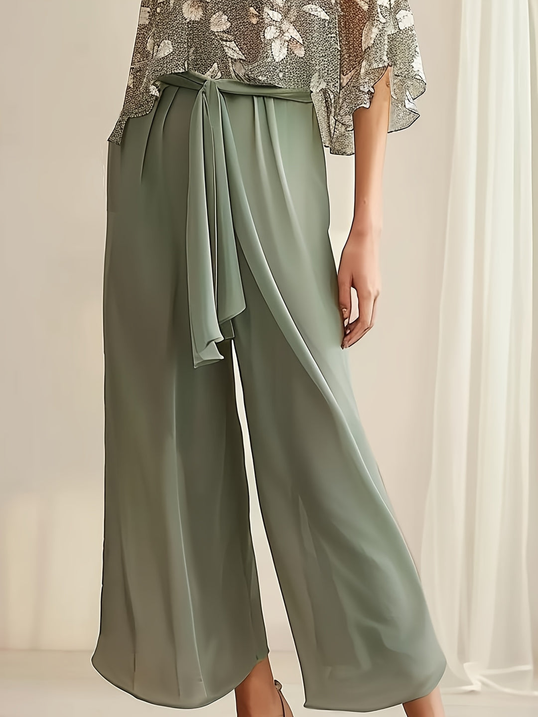 Floral Print Chic Pantsuit Ensemble, Three-Quarter Sleeve V-Neck Top & Belted Wide-Leg Trousers for Women-Bennys Beauty World