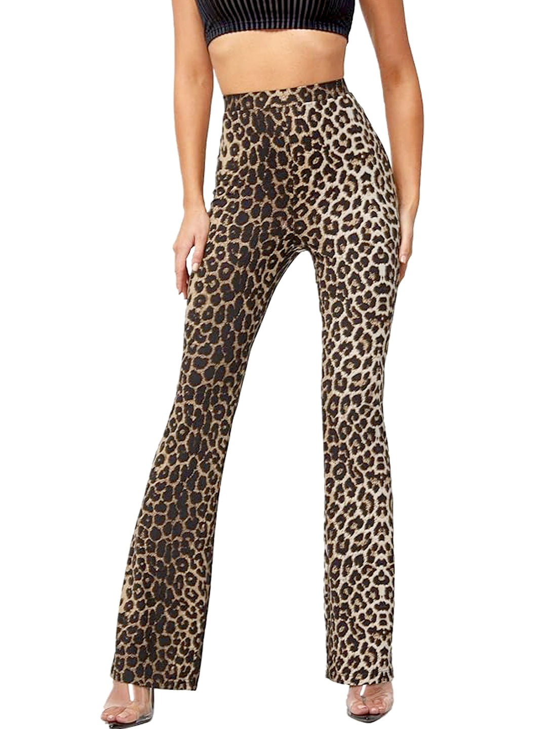 Leopard Print Flare Leg Pants, Elegant High Waist Forbidden Pants For Spring & Summer, Women's Clothing-Bennys Beauty World