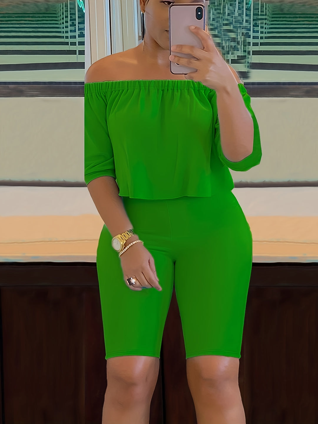 Two-piece Set, Off-Shoulder Short-Sleeve Tops