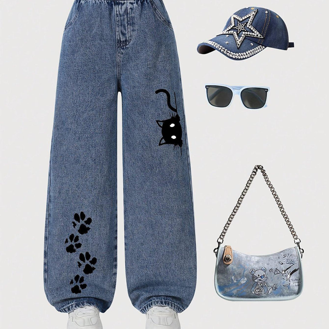 Casual Loose-Fit High-Waist Cat Print Jeans