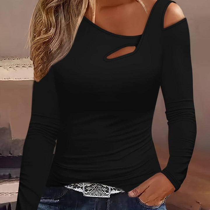 Cold Shoulder Cut Out Asymmetrical T-shirt, Chic Long Sleeve Top For Spring & Fall, Women's Clothing-Bennys Beauty World