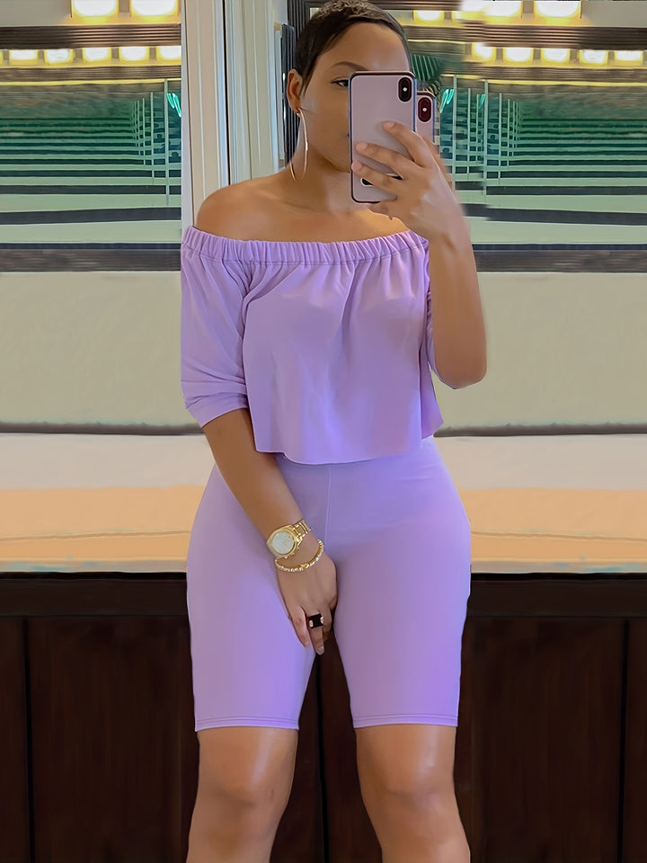 Two-piece Set, Off-Shoulder Short-Sleeve Tops