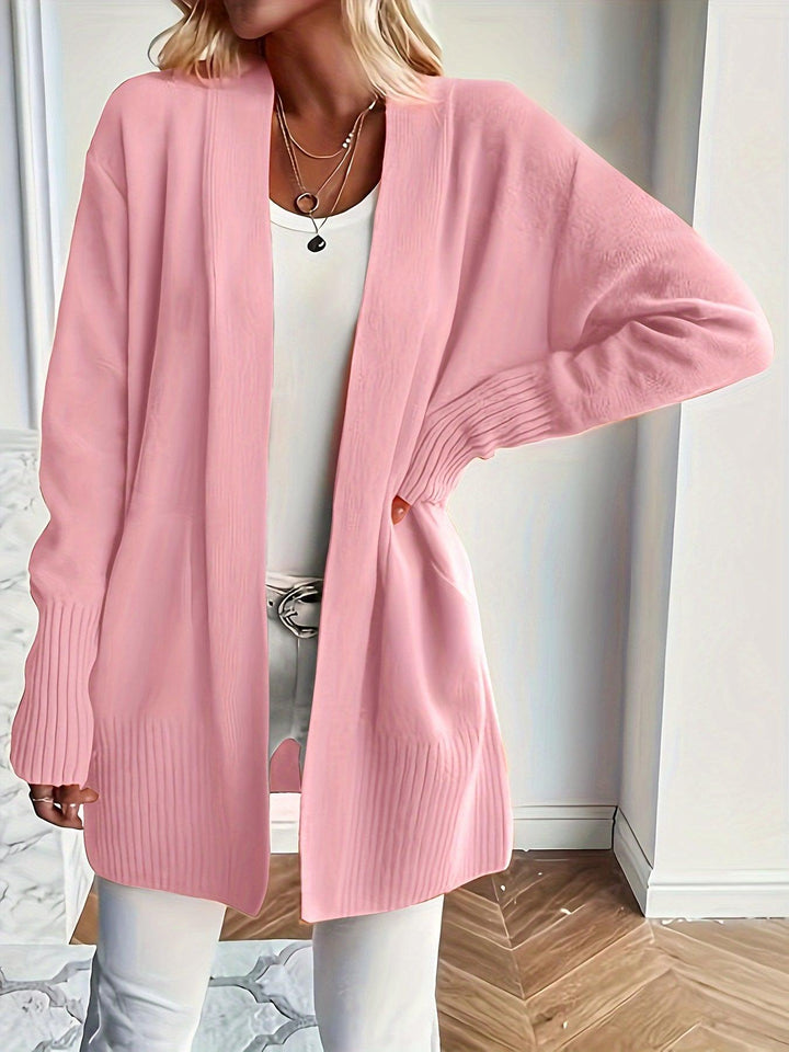 Solid Open Front Knit Cardigan, Casual Long Sleeve Loose Sweater With Pocket, Women's Clothing-Bennys Beauty World