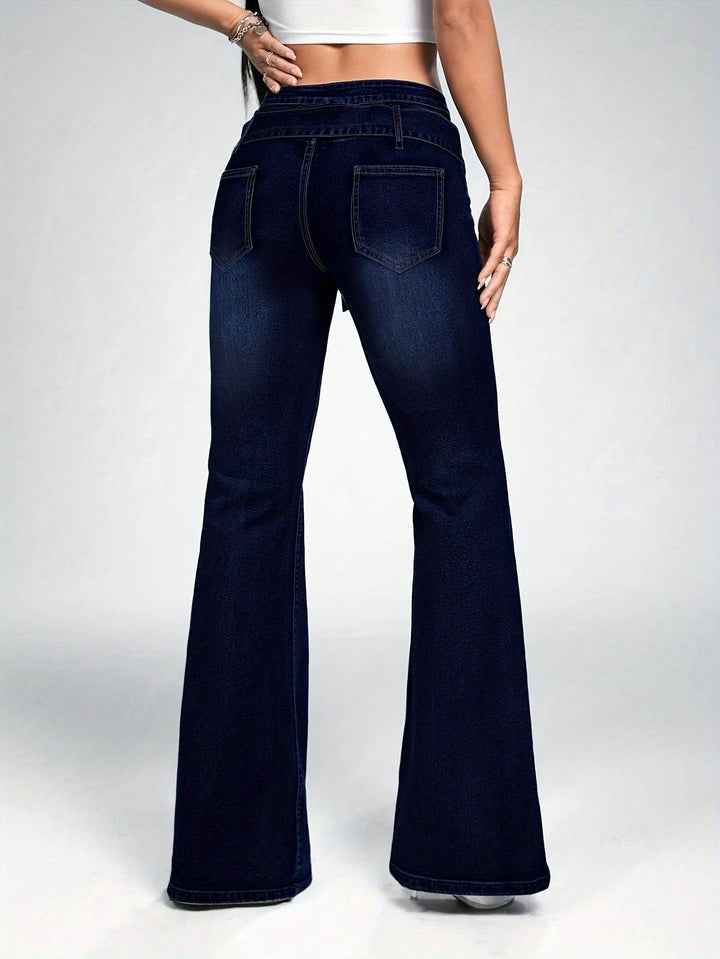 Dark Washed Blue Bell Bottom Flare Leg Jeans for Women - Stylish Casual Denim-Bennys Beauty World