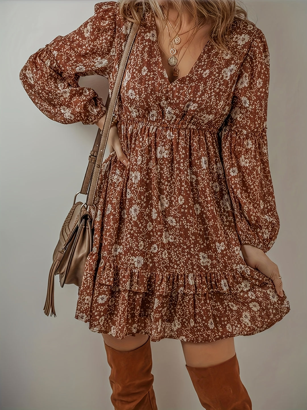 Women's Bohemian Floral Print V-Neck Mini Dress with Puff Sleeves-Dress-Bennys Beauty World