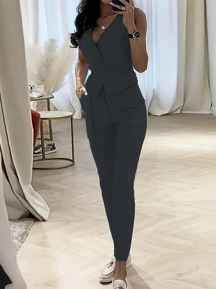 Chic V-Neck Polyester Jumpsuit for Women - Solid Color Spring/Summer Collection with Functional Pockets-Bennys Beauty World