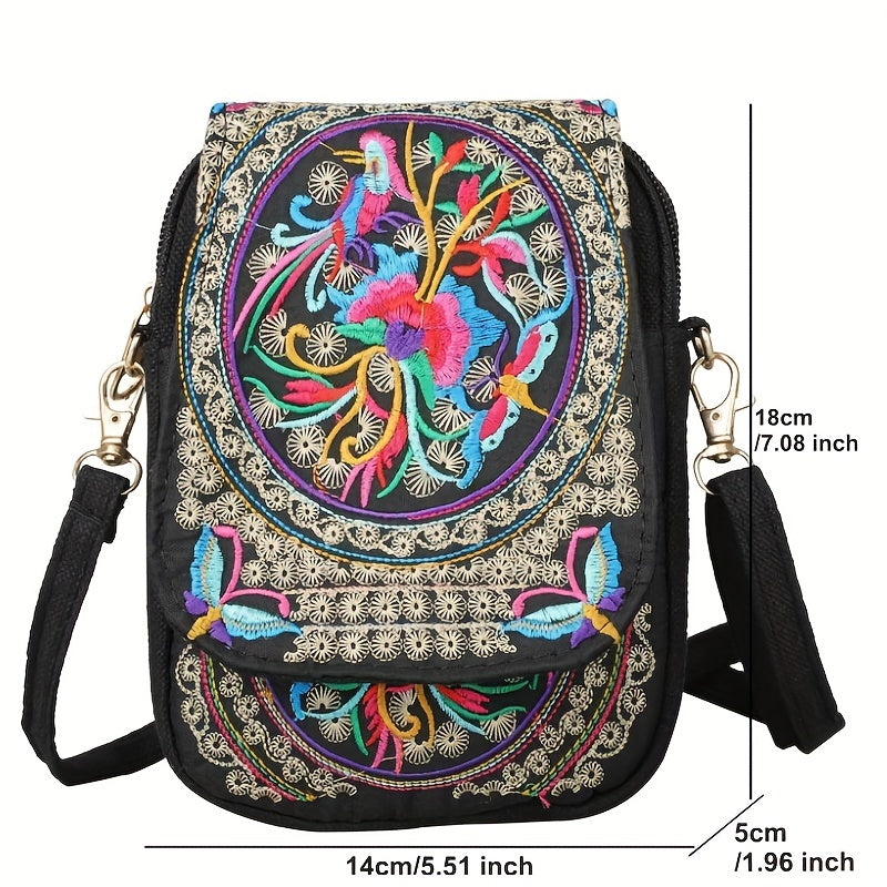 Women's Embroidered Mini Shoulder Bag with Detachable Strap