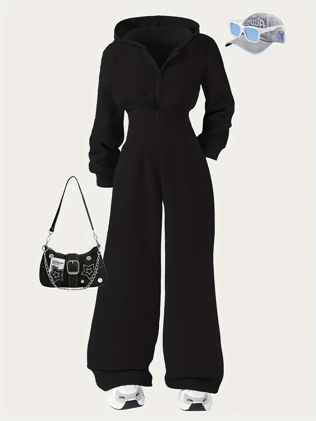 Autumn Girls' Simple Casual Style Knitted Zipper Sweatshirt Hooded Jumpsuit, Perfect for Outdoor