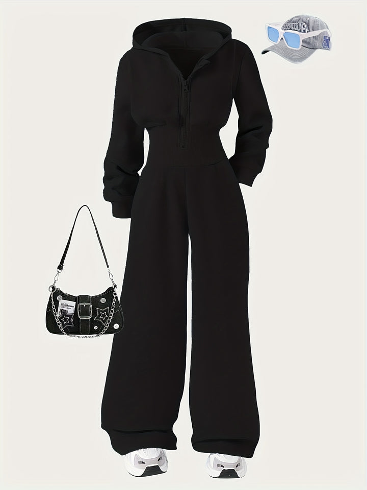 Autumn Girls' Simple Casual Style Knitted Zipper Sweatshirt Hooded Jumpsuit, Perfect for Outdoor