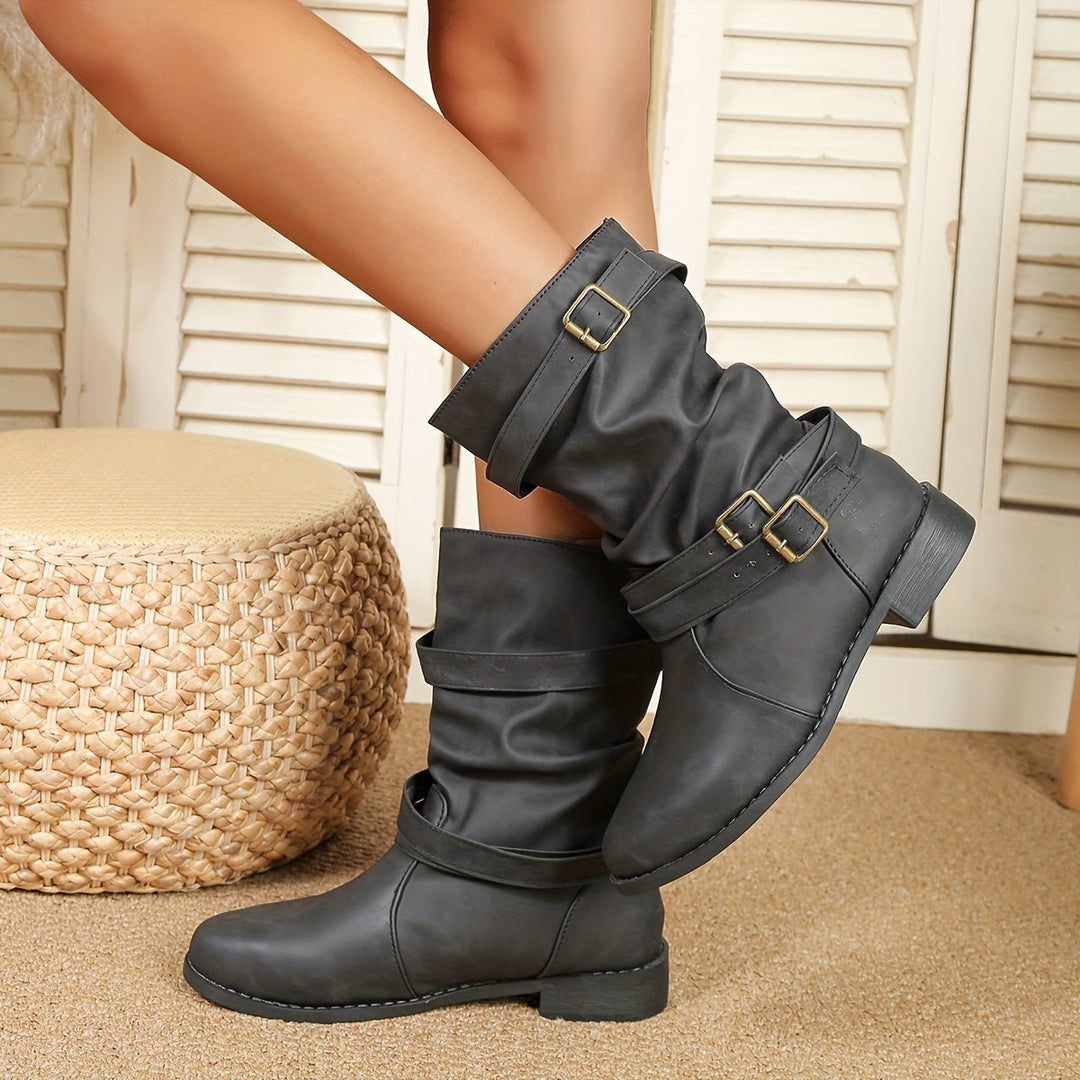 Mid Calf Ruched Buckle Solid Color Retro Ankle Boots For Women Cowboy Boots - Bennys Beauty World