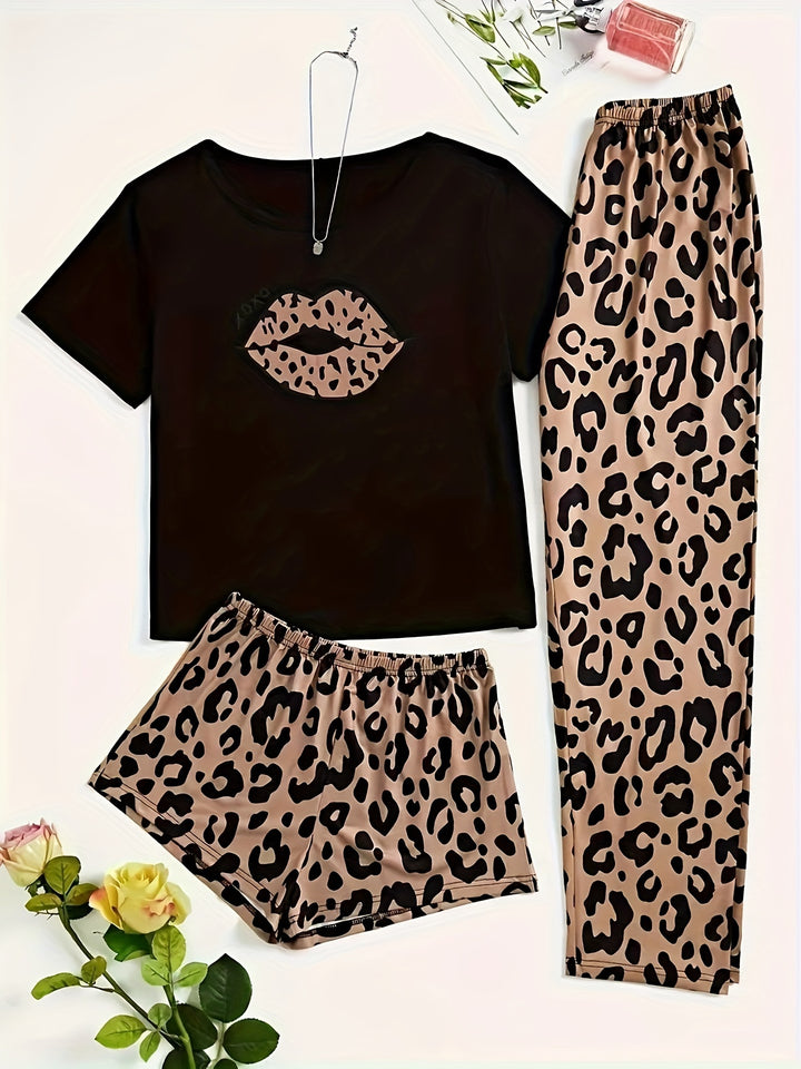 Women's Leopard Lip Print Casual Pajama Set