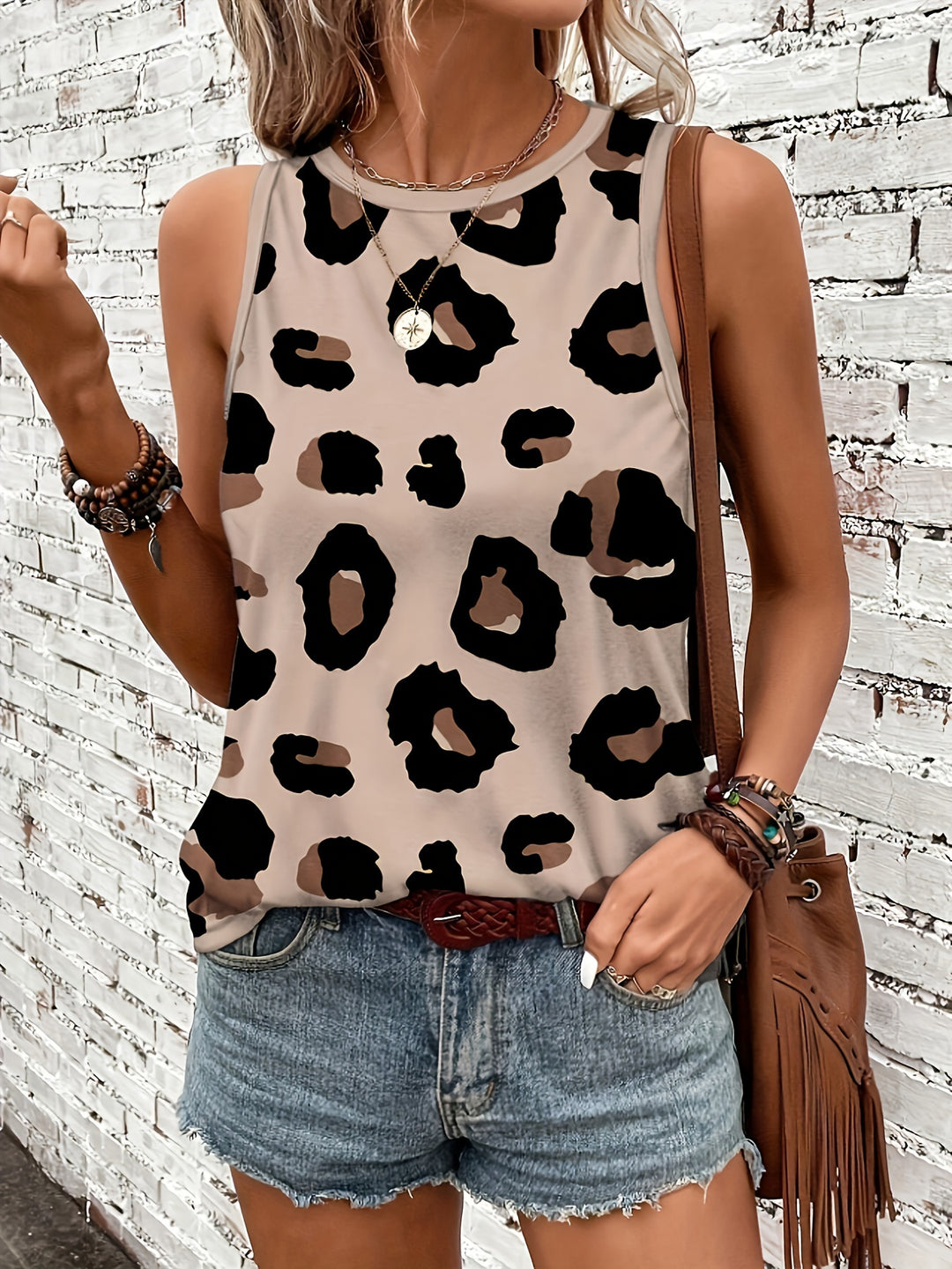 Leopard Print Crew Neck Tank Top, Casual Sleeveless Tank Top For Summer, Women's Clothing-Bennys Beauty World