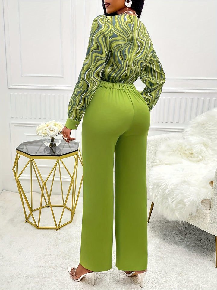 Elegant Spring & Fall Pants Set, Abstract Print Cowl Neck Blouse & Solid Color Straight Leg Simple Pants, Women's Clothing-Bennys Beauty World