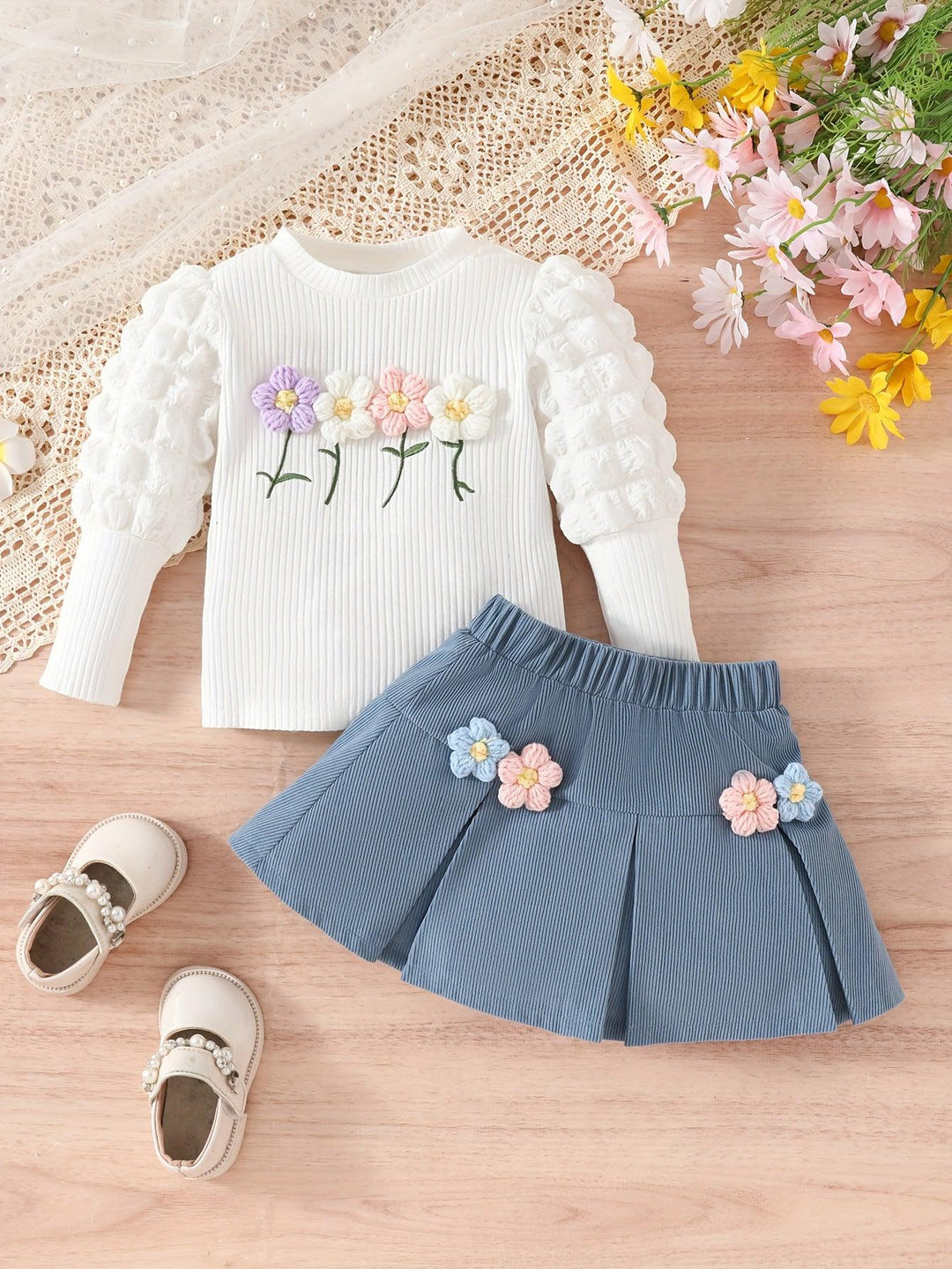 2pcs Baby's Flower Decor Puff Sleeve Ribbed Top + Sweet Pleated Corduroy Skirt, Toddler & Infant Girl's Clothing Set For Spring Fall-Bennys Beauty World