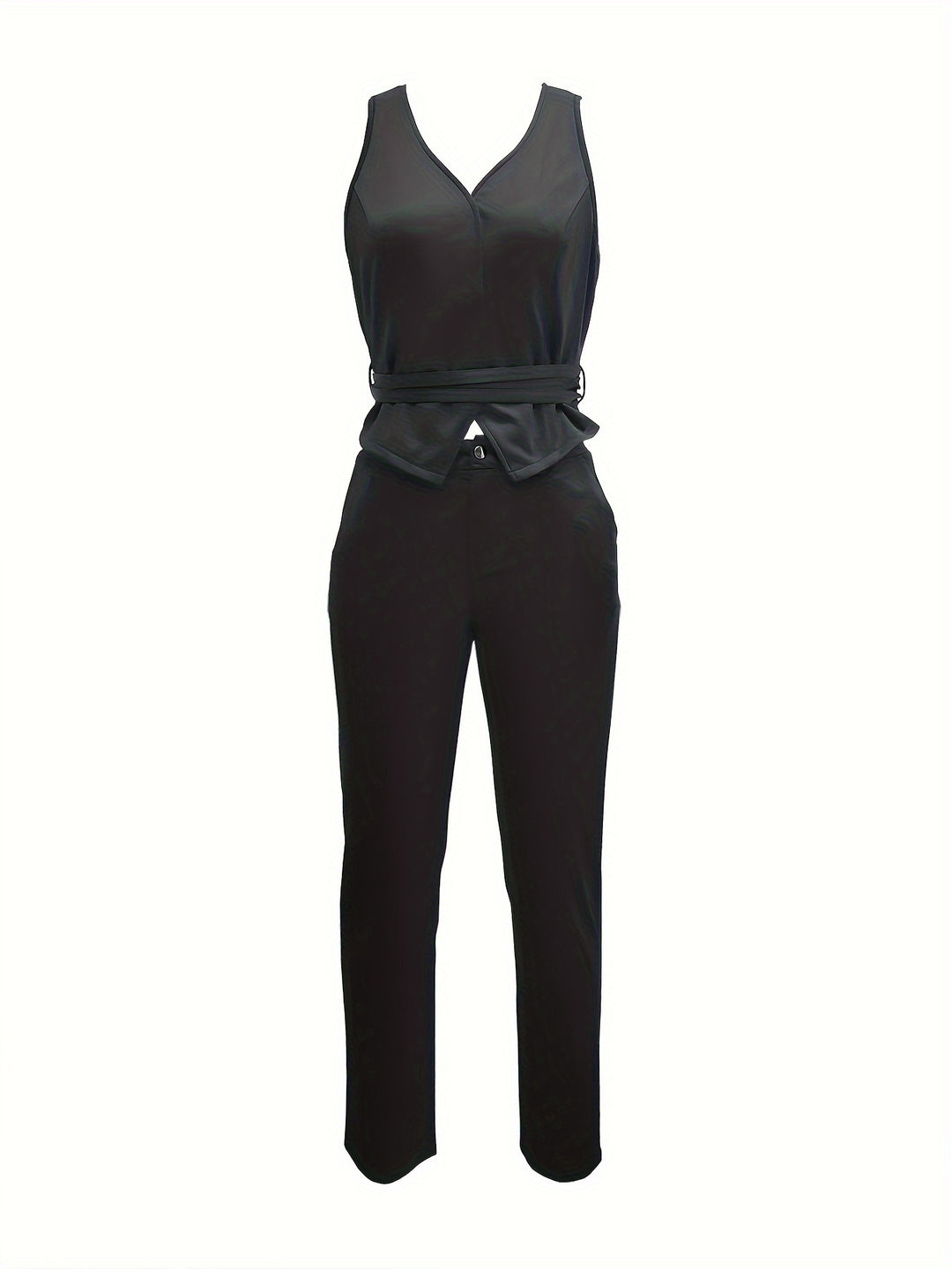 Chic V-Neck Polyester Jumpsuit for Women - Solid Color Spring/Summer Collection with Functional Pockets-Bennys Beauty World