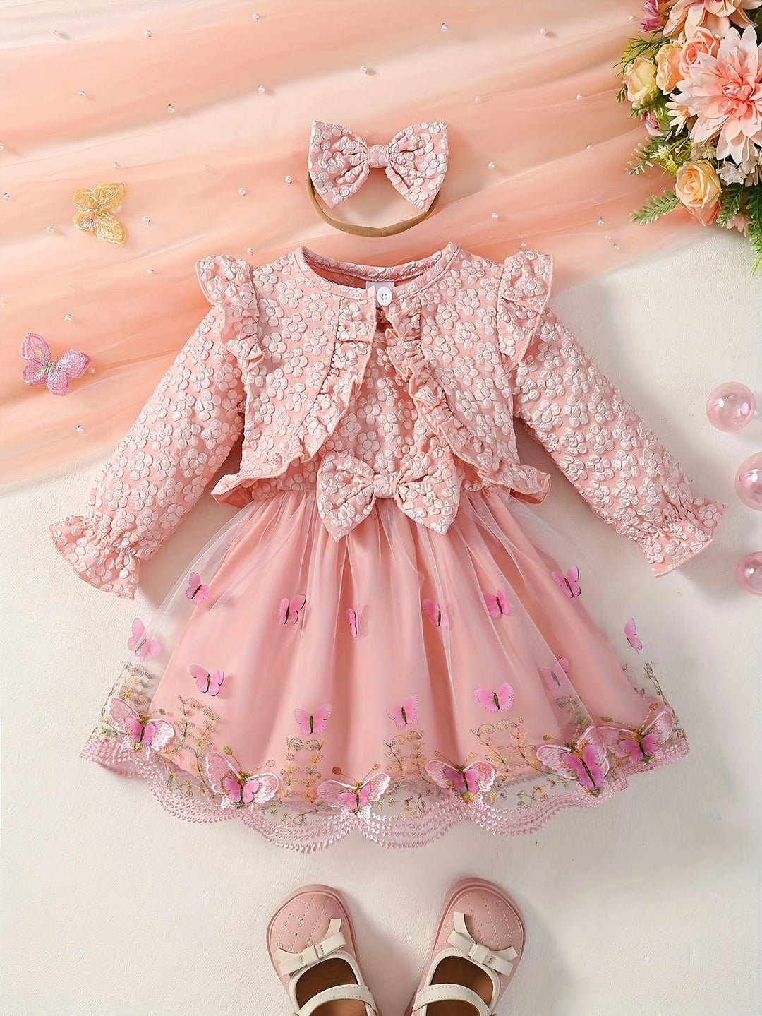 2pcs Baby's Elegant Butterfly Embroidery Mesh Splicing Dress + Ruffled Flower Jacquard Cardigan + Headwear, Toddler & Infant Girl's Clothing Set For Spring Fall-Bennys Beauty World