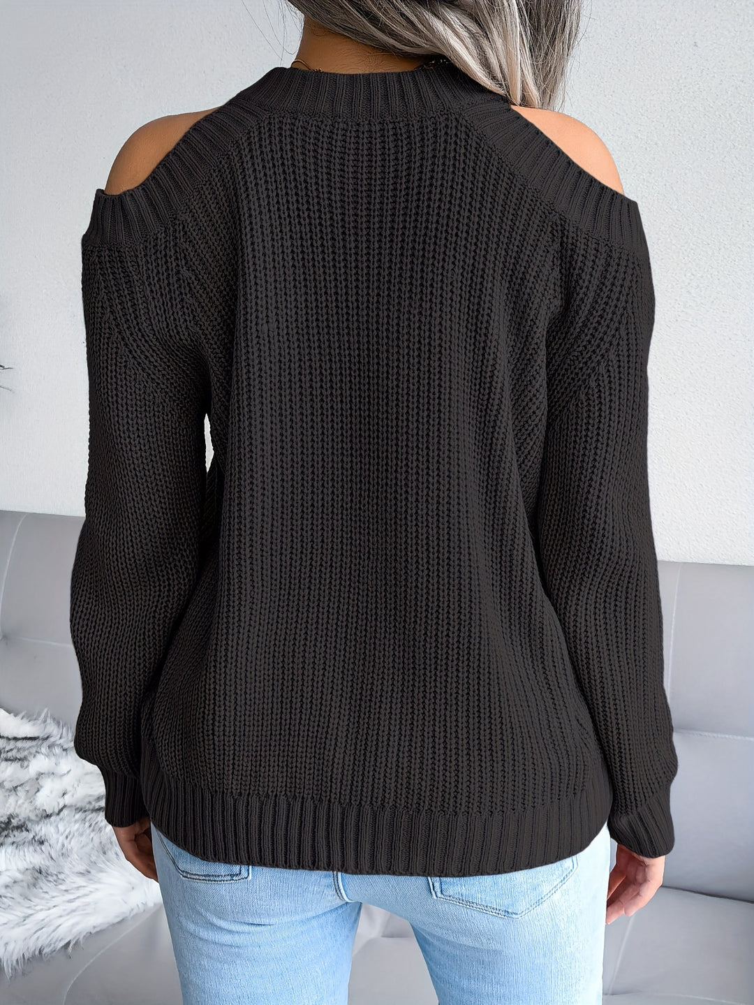 Solid Crew Neck Knit Sweater, Casual Long Sleeve Cold Shoulder Sweater, Women's Clothing-Bennys Beauty World