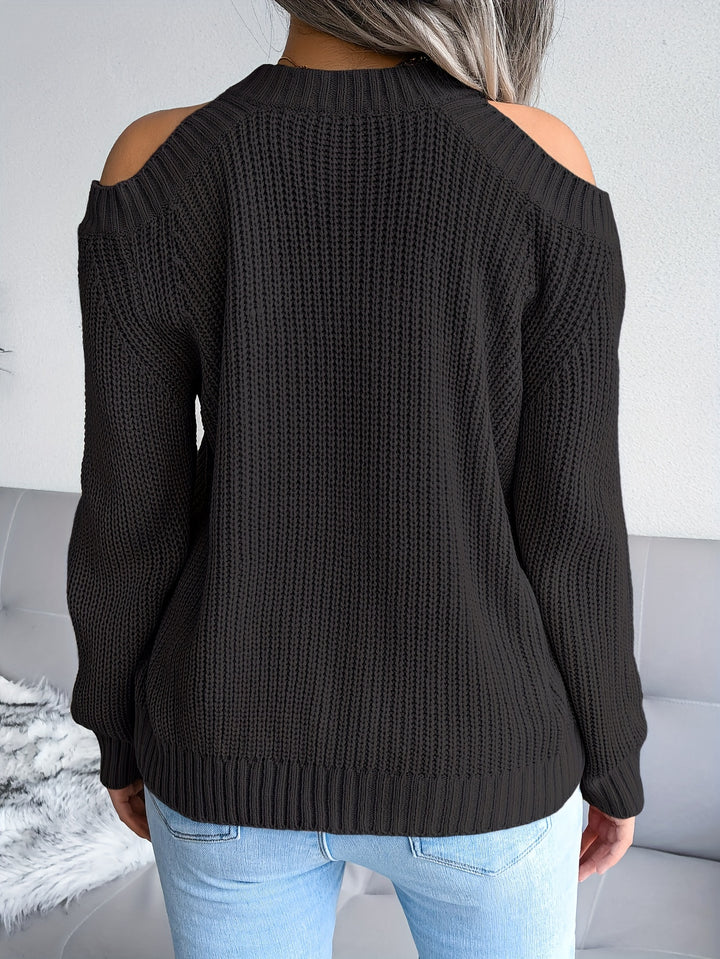 Solid Crew Neck Knit Sweater, Casual Long Sleeve Cold Shoulder Sweater, Women's Clothing-Bennys Beauty World