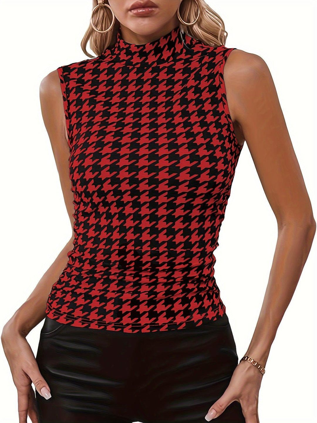 Houndstooth Mock Neck Tank Top, Sleeveless Slim Elegant Top, Women's Clothing-Bennys Beauty World