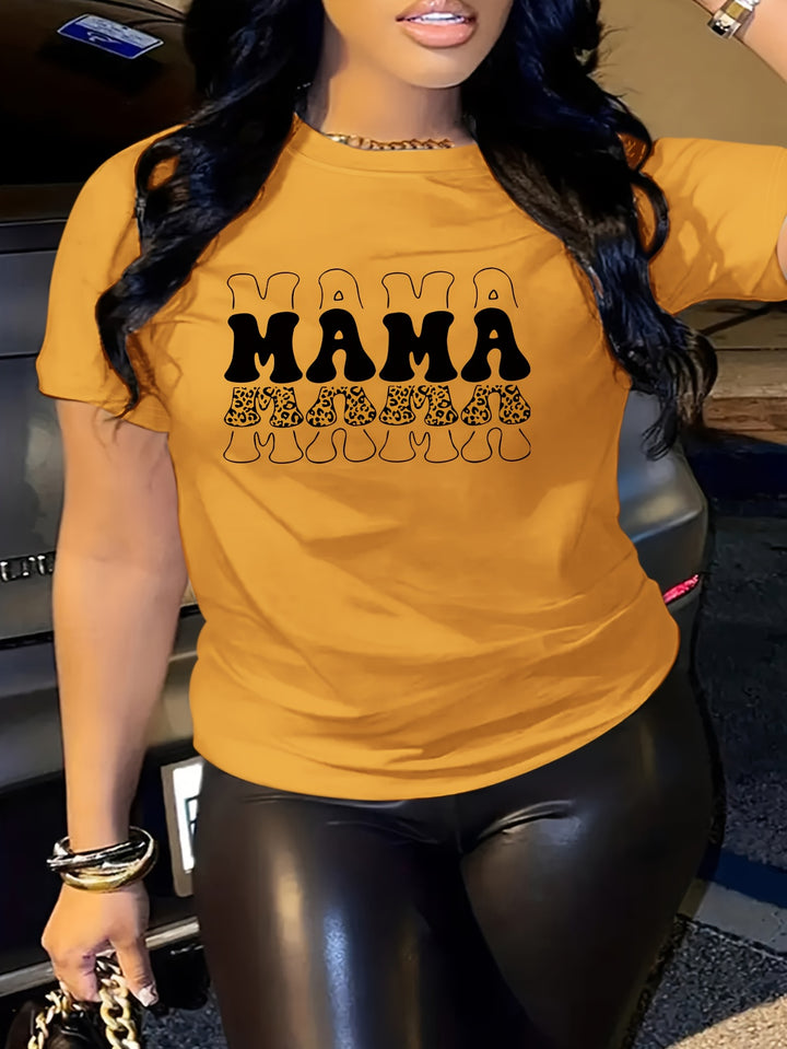 Mother's Day MAMA Print T-Shirt, Casual Crew Neck Short Sleeve Top