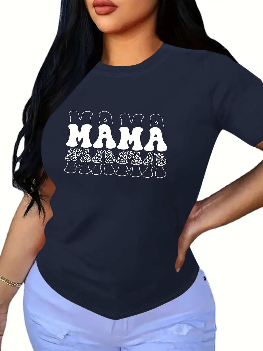 Mother's Day MAMA Print T-Shirt, Casual Crew Neck Short Sleeve Top