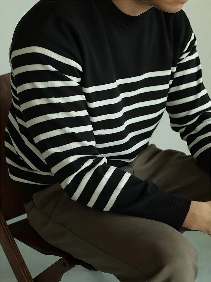 Men's Striped Knitted Pullover, Long Sleeve Crew Neck Sweater For Fall Winter-Bennys Beauty World