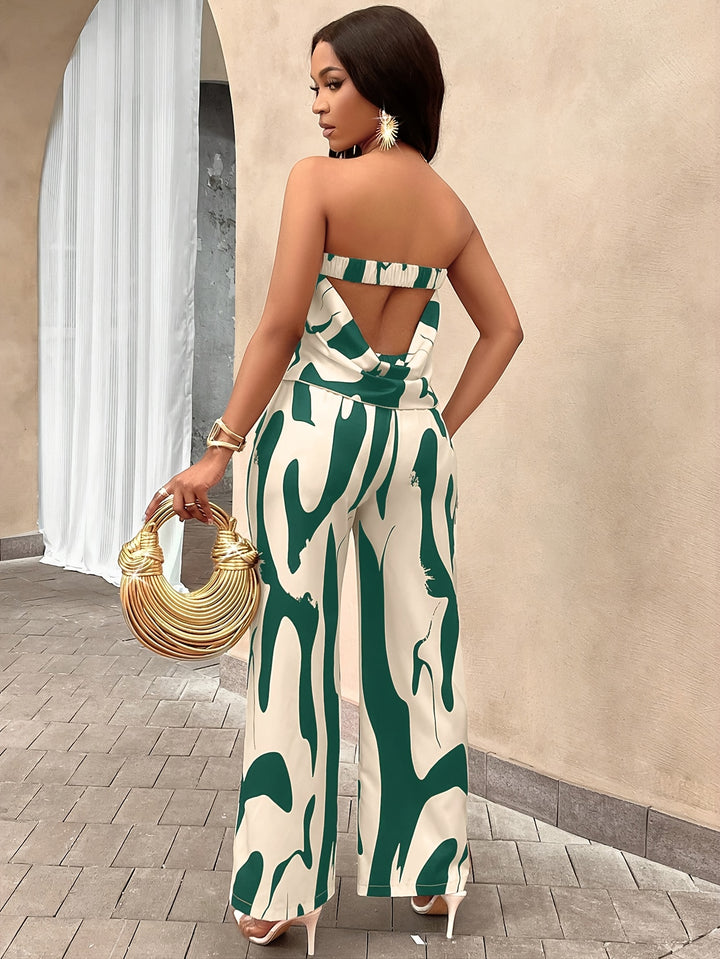 Color Block Stylish Pantsuits, Backless Sleeveless Tube Top & Wide Leg Pants Outfits, Women's Clothing-Bennys Beauty World