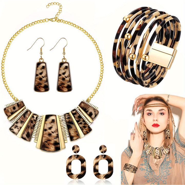 4pcs Leopard Necklace Earrings Bracelets Jewelry Set