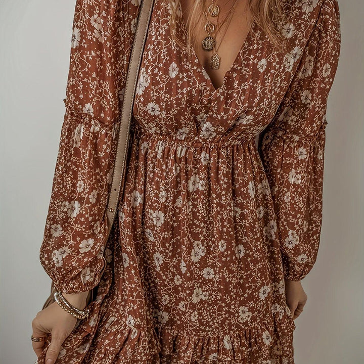 Women's Bohemian Floral Print V-Neck Mini Dress with Puff Sleeves-Dress-Bennys Beauty World