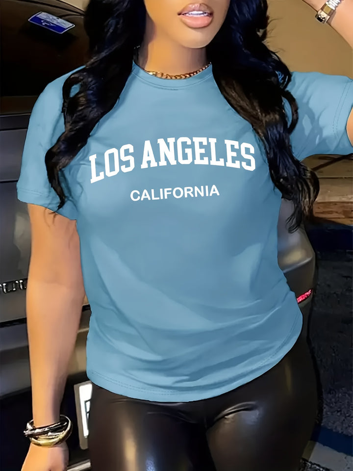 Los Angeles Letter Print T-shirt, Short Sleeve Crew Neck Casual Top