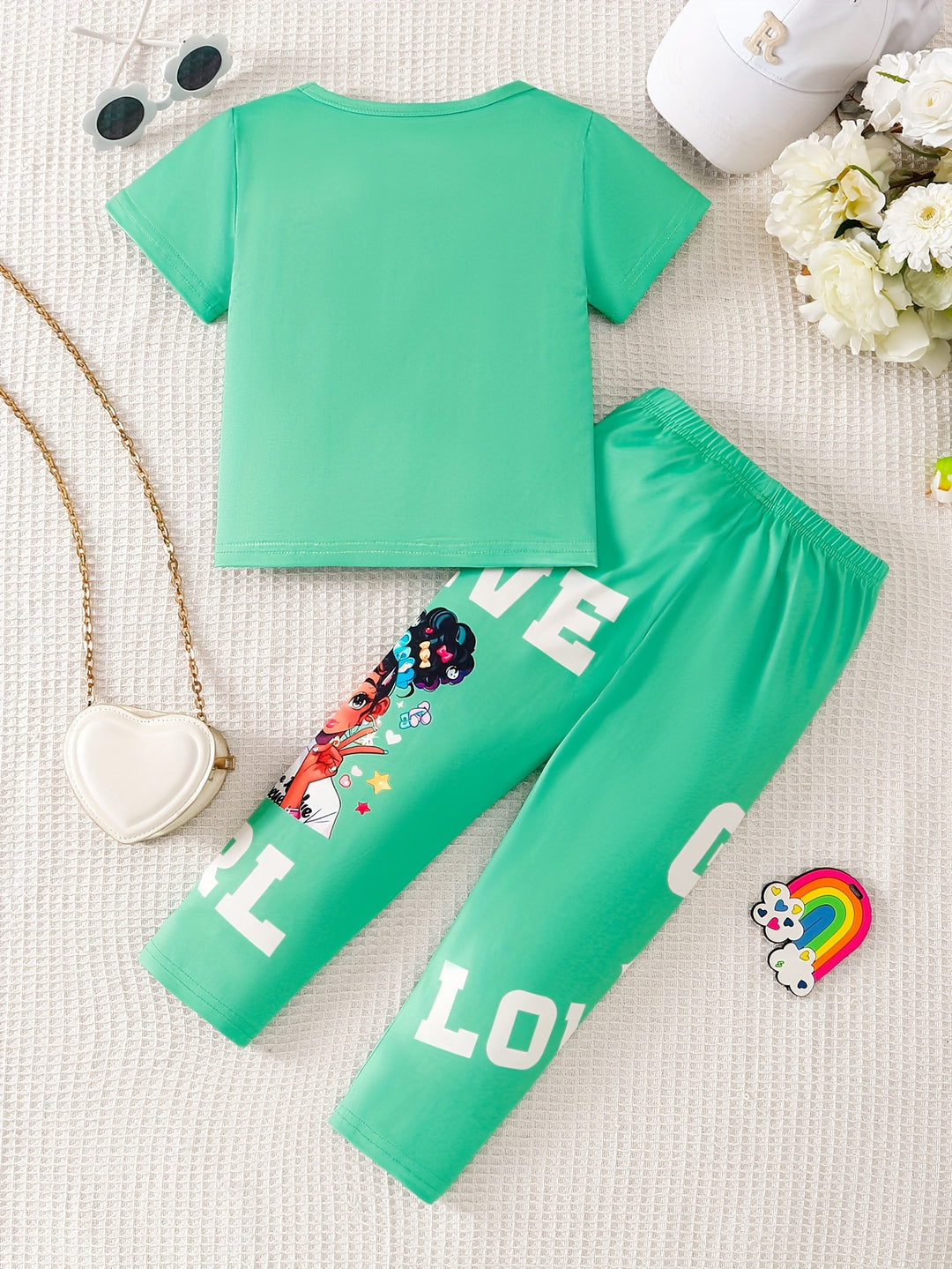 Girls Two - Piece Set with Cartoon Girl Pattern Top + Pants - Bennys Beauty World