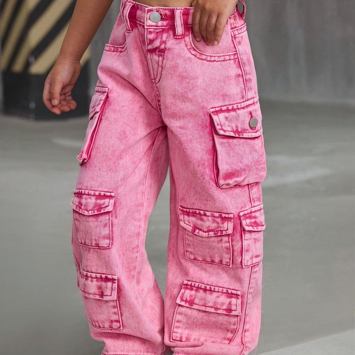 Girl Fashion Pink Denim Jeans, Loose Wide-Leg Pants