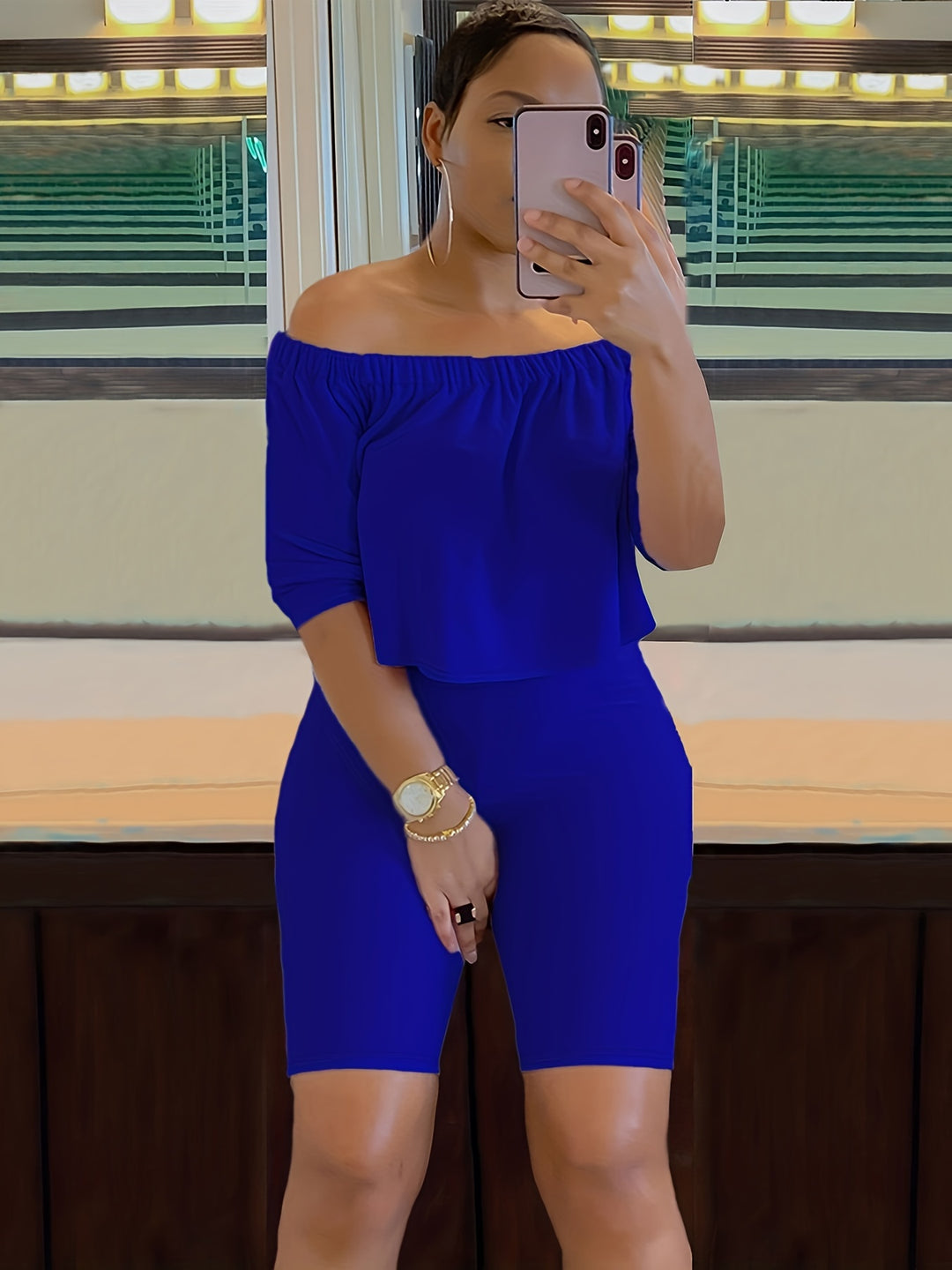 Two-piece Set, Off-Shoulder Short-Sleeve Tops