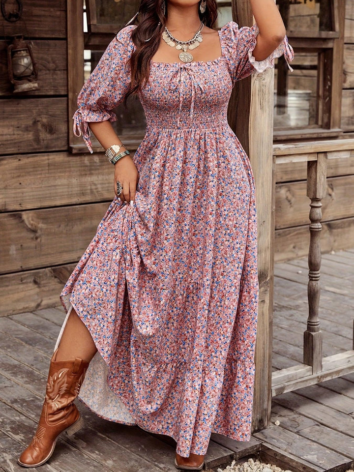 Floral Print Square Neck Lantern Sleeve Dress