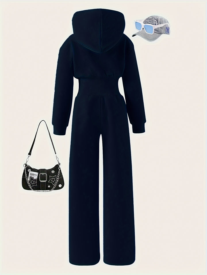 Autumn Girls' Simple Casual Style Knitted Zipper Sweatshirt Hooded Jumpsuit, Perfect for Outdoor