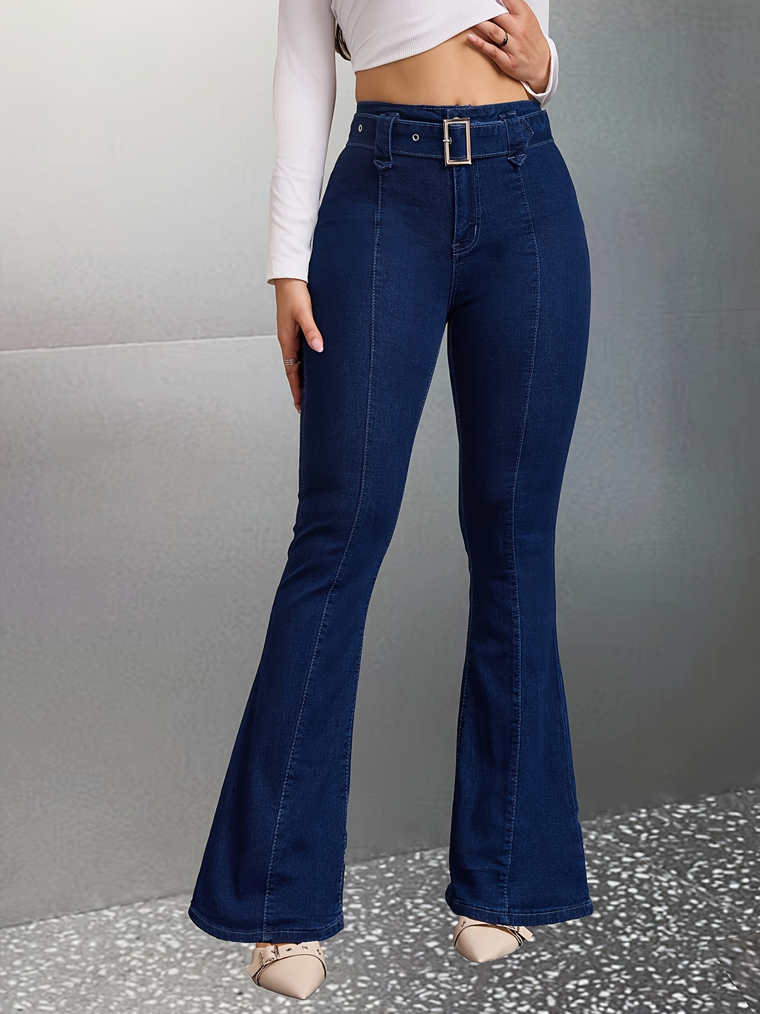 Retro High-Waisted Bell-Bottom Jeans for Women - Stylish Flared Denim Trousers with Belt-Bennys Beauty World