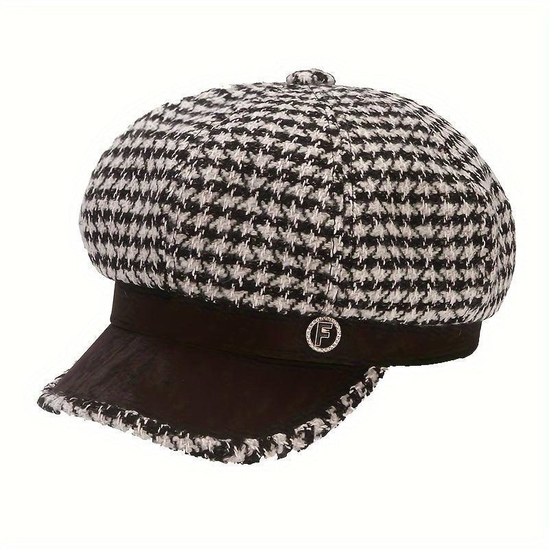 Elegant Houndstooth Knit Beret for Women - Cozy & Breathable Design-Bennys Beauty World