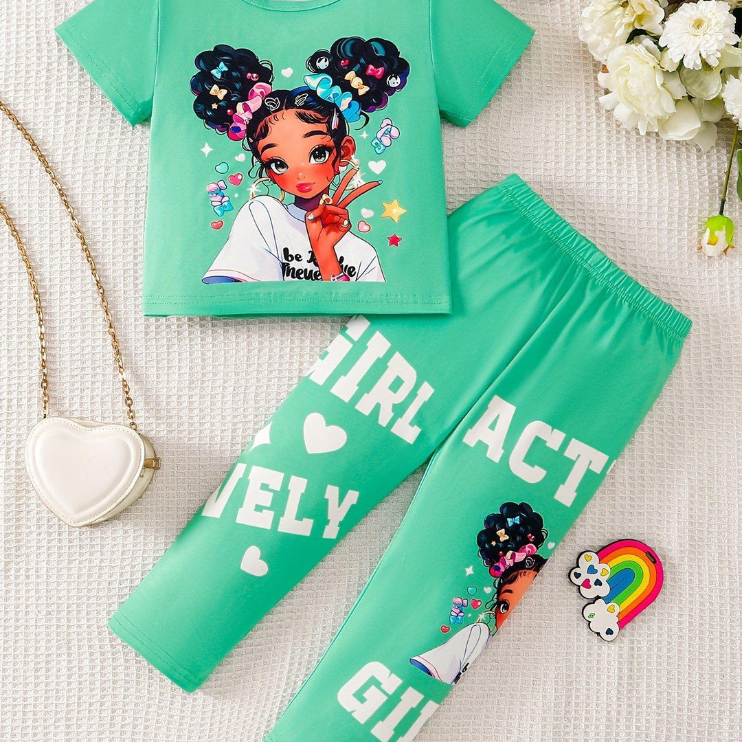 Girls Two - Piece Set with Cartoon Girl Pattern Top + Pants - Bennys Beauty World