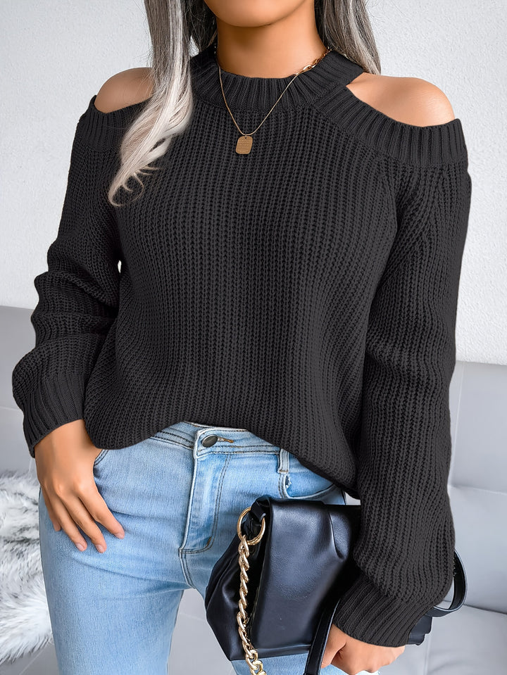 Solid Crew Neck Knit Sweater, Casual Long Sleeve Cold Shoulder Sweater, Women's Clothing-Bennys Beauty World