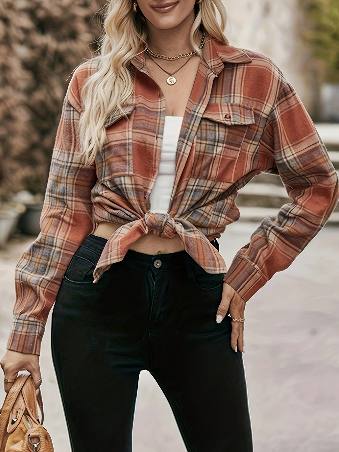 Plaid Pattern Single Breasted Shirt, Versatile Flap Pockets Long Sleeve Shirt For Spring & Fall, Women's Clothing-Bennys Beauty World