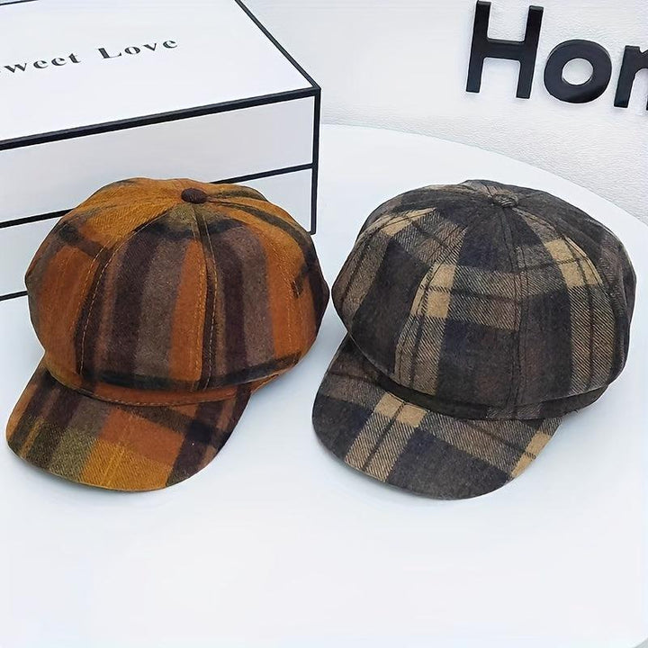 Classic British Style Vintage Plaid Newsboy Hat for Women - Warm Octagonal Beret for Autumn & Winter-Bennys Beauty World