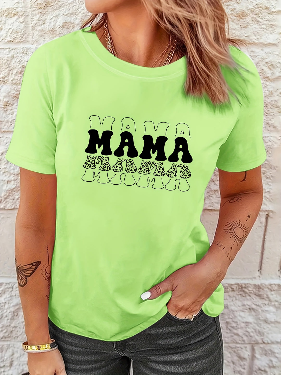 Mother's Day MAMA Print T-Shirt, Casual Crew Neck Short Sleeve Top