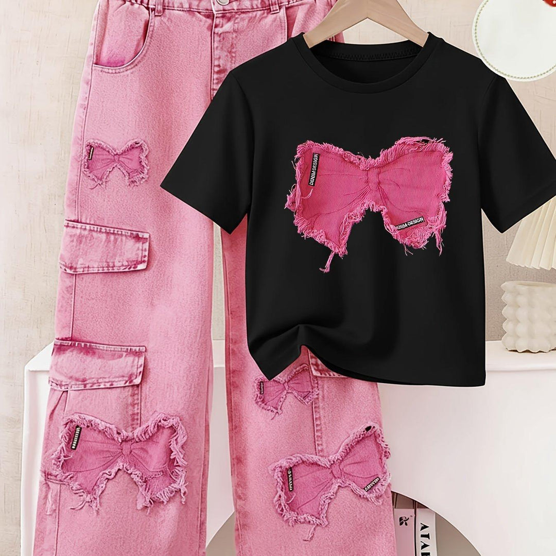 Girls' Casual Print T-Shirt with Faux Denim Butterfly Print